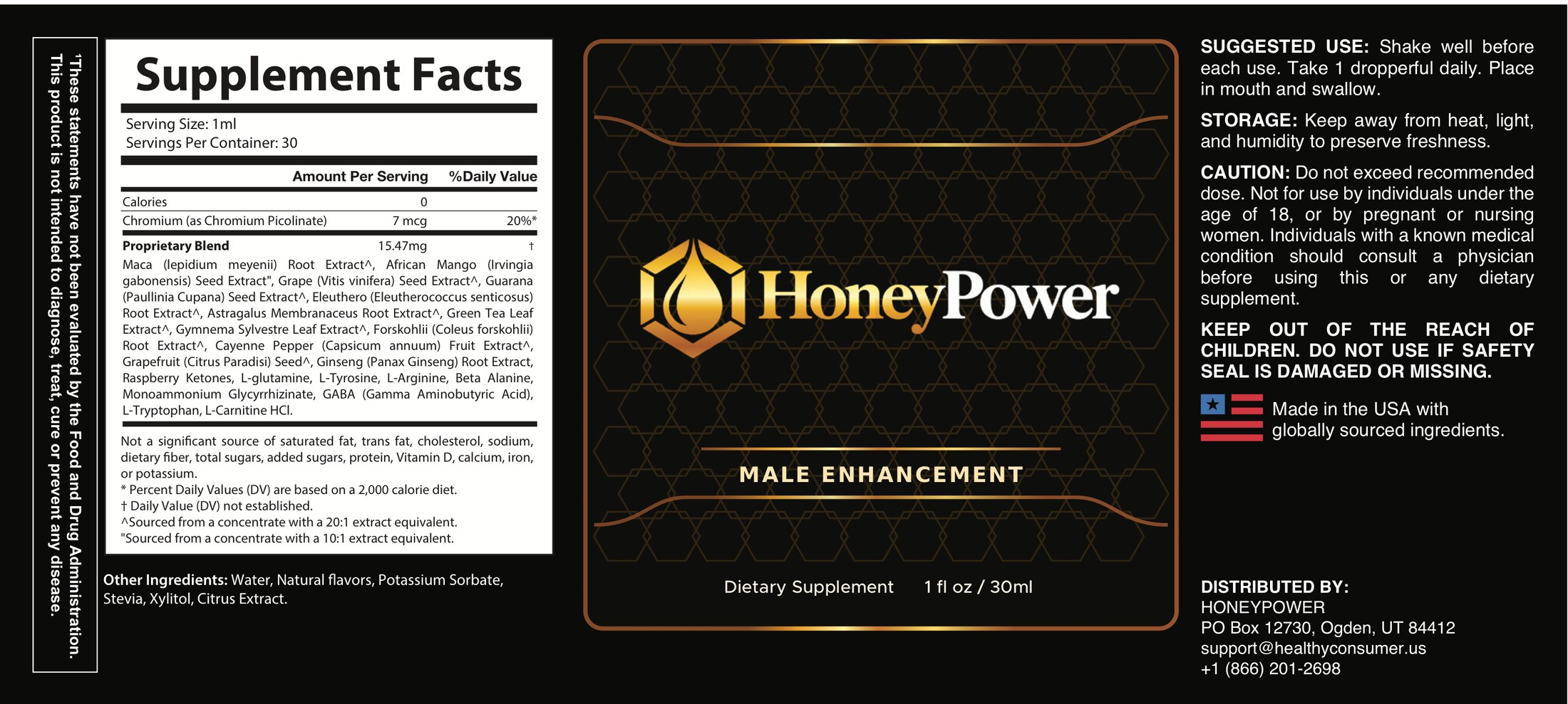 HoneyPower Drops label with Supplement Facts, suggested use and storage